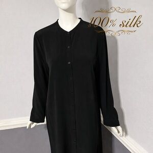Eileen Fisher Silk Midi Button Up Shirt Dress Side Slit Long Sleeve Size S